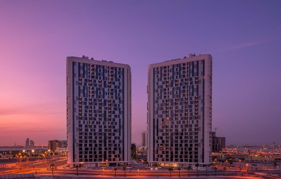 Meera Shams Abu Dhabi twin residential towers on Al Reem Island with contemporary architecture and landscaped surroundings